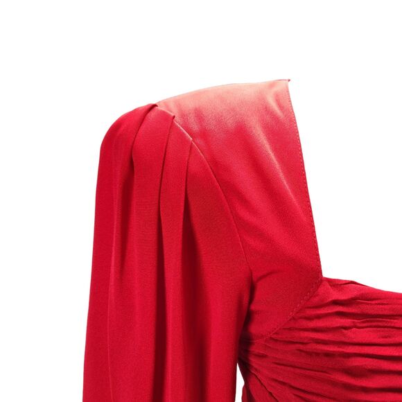 Vintage 90s Red Fitted Midi Cocktail Dress Size S Draped Open Back Square Neck - Picture 7 of 16